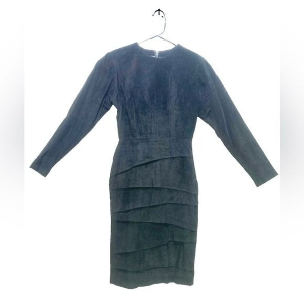 Wimsigoth 100% Suede Leather Dress Womens 6 Black Vintage Midi Ruffle Long Sleev